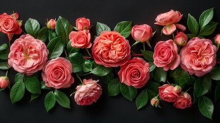   A black background features a group of pink roses with green leaves, encircled by a border of smaller pink roses and green leaves