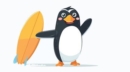 Cartoon Penguin holding surfing board flat vector 