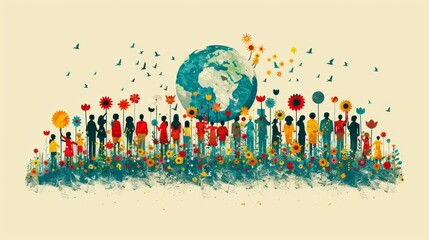 Flat modern illustration. People stand together against war. Flowers in hands. Doves in flight. Peace to the world. People of different cultures and nationalities stand together. - obrazy, fototapety, plakaty