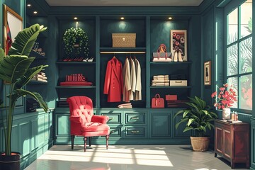 High-end fashion boutique, chic, detailed, luxury, illustration
