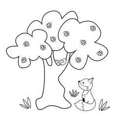cute hand drawn black and white cartoon character fox and pink bird on tree funny vector illustration for coloring art