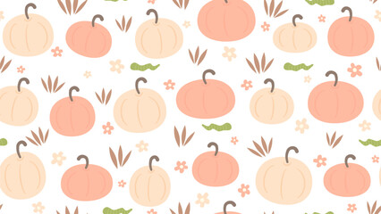 Cute colorful hand drawn seamless vector pattern background illustration with pastel pumpkins, worm, grass and daisy flowers