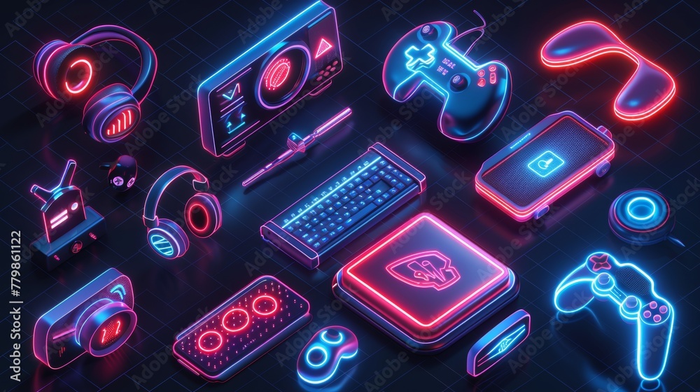 Poster Multimedia symbols set with isolated objects on a transparent background. Computer games, digital technology, abstract symbols set.