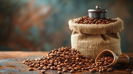 Coffee beans spilling out of a burlap sack - obrazy, fototapety, plakaty