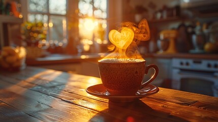 Cup of coffee with steam forming heart shapes in a cozy kitchen setting. - obrazy, fototapety, plakaty