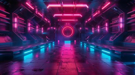 An abstract background video game of esports, sci-fi gaming, cyberpunk, VR simulation and metaverse, scene stand pedestal stage, 3D rendering, futuristic neon glow room. - obrazy, fototapety, plakaty