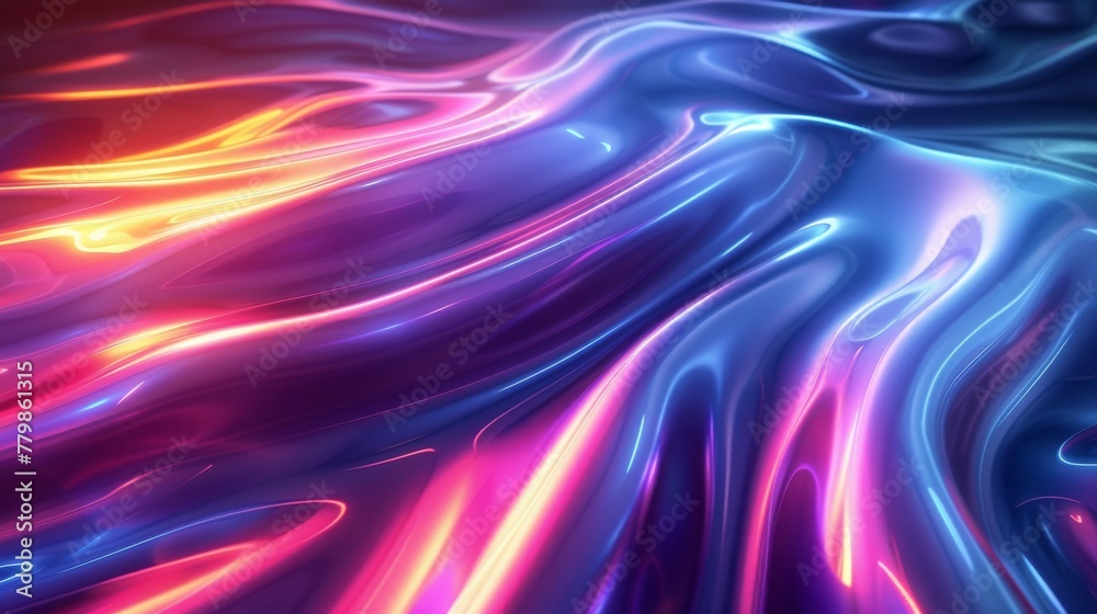 Sticker The abstract holographic neon curved wave is rendered in 3D and is in motion against a dark background. The gradient design element would be perfect for banners, backgrounds, wallpapers, and covers.