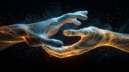 In concept of digital twins, artificial intelligence and metaverse, a luminous wire digital hand approaches a human hand on a black background.