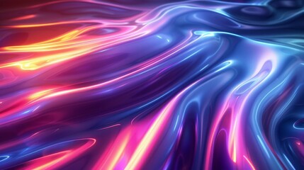 The abstract holographic neon curved wave is rendered in 3D and is in motion against a dark background. The gradient design element would be perfect for banners, backgrounds, wallpapers, and covers. - obrazy, fototapety, plakaty