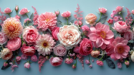   A tight shot of a flower arrangement against a blue backdrop Pink and white blooms occupy the frame's center