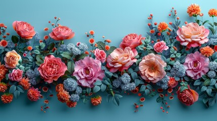   A collection of flowers arranged on a blue background; leaves and blooms situated at the picture's border edge - obrazy, fototapety, plakaty