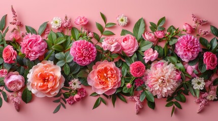   A pink background filled with red and pink blooms, accompanied by green foliage along the frame's edge