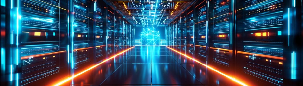 High-tech data center, futuristic, detailed, technology, vibrant colors