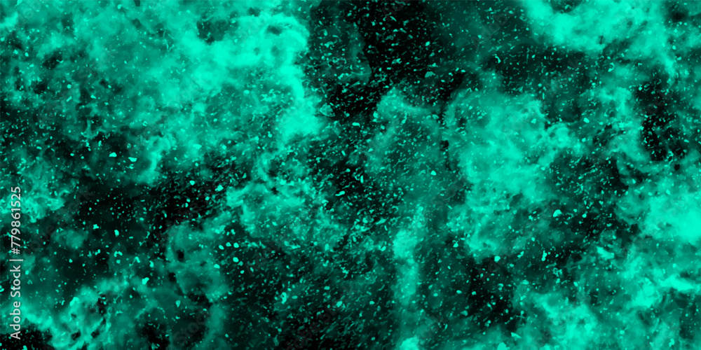 Aufkleber Abstract dynamic particles with soft blue clouds on dark background. Space hand painted watercolor background with aquarelle light mint color splash. Watercolor fantastic and grungy background.	
