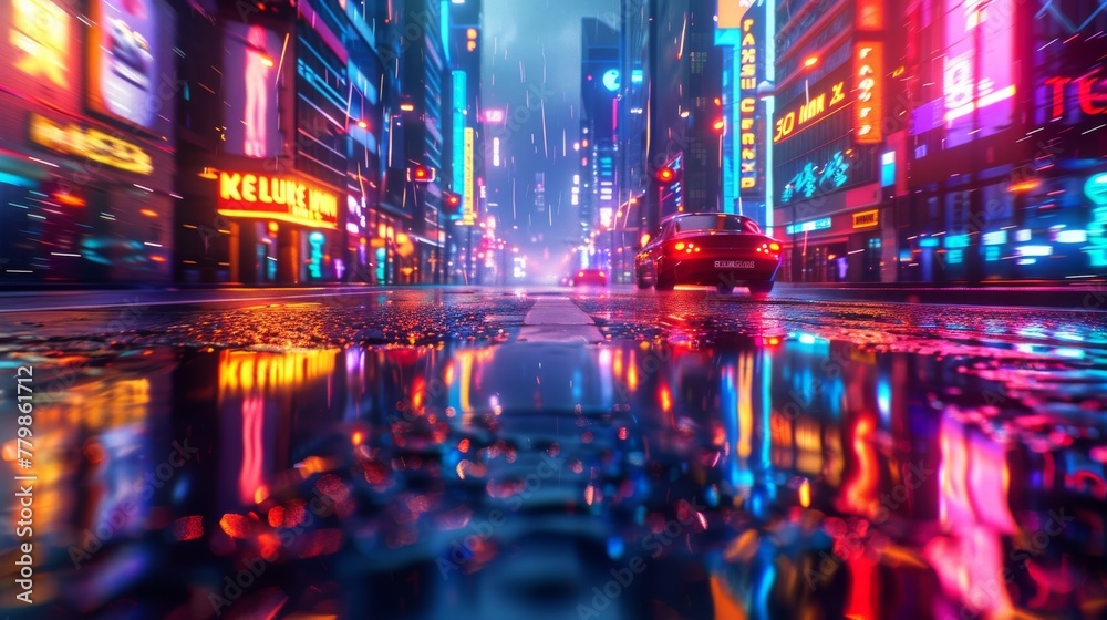 Canvas Prints The rendering shows a neon mega city with light reflection shining on puddles on the street going toward buildings. The rendering depicts a night life scene, business district center (CBD), cyber