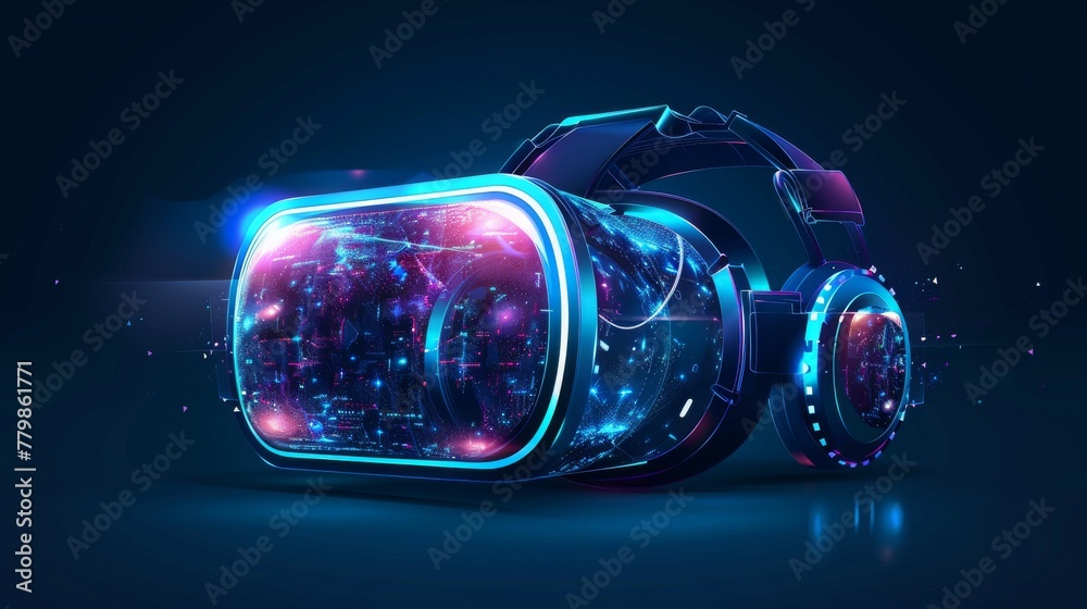 Poster A Modern 3D representation of Virtual Reality glasses, Metaverse technology and game concept. Eps 10 Vector.