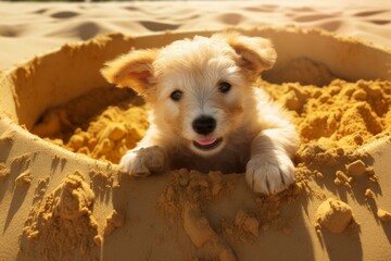 Small Pug puppy in sandbox at sunny day. Doggy domestic cute animal. Generate Ai - obrazy, fototapety, plakaty