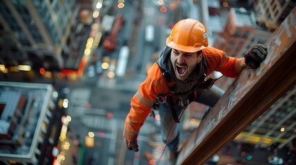Fearless Construction Worker Braving Heights on Skyscraper Beam Amid Bustling City Development