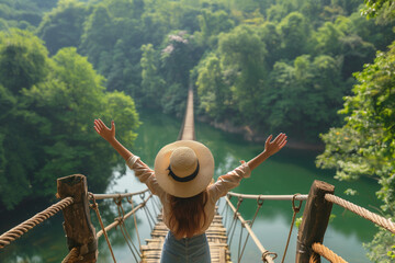 A happy woman on vacation crosses a hanging bridge enjoying adventure holidays - obrazy, fototapety, plakaty