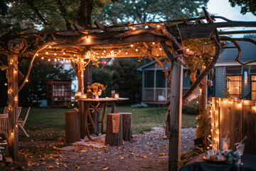 Fototapeta na wymiar Twilight ambiance in a rustic outdoor setting with lights