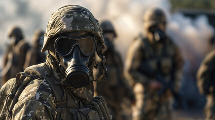 Military personnel wearing NBC Nuclear Biological Chemical protective clothing and gear