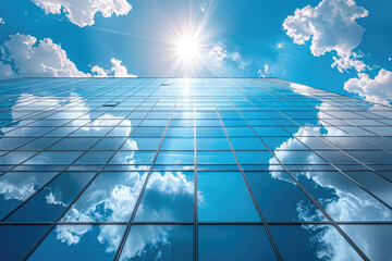 A blue glass building with clouds reflecting on it, sky background. Created with Ai