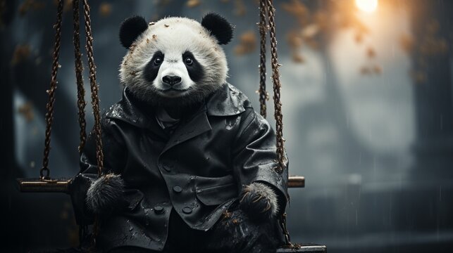 Retro panda on a swing
