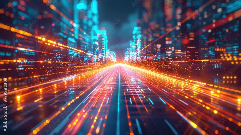 Poster This is a 3D rendering of a highway in the middle of a city. It features high speed motion blur. Business concept with artificial intelligence, hyper loops, virtual reality, high speed networks,