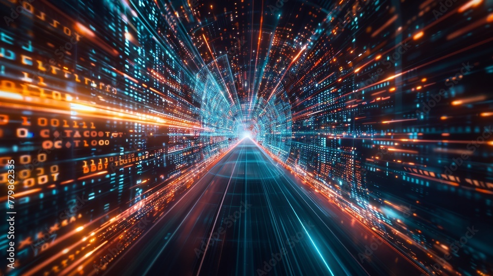 Poster A 3D rendering of hyper looping at warp speed while lights from buildings' lights blur in a mega city at night. Concepts of next generation technology, fintech, big data, 5G fast networks, machine
