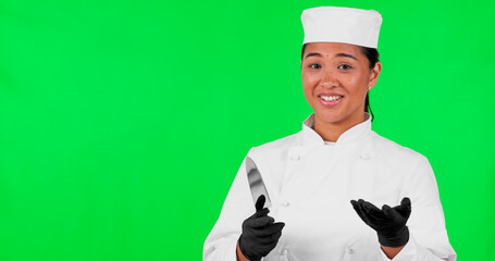 Chef, woman and hand with a knife on a green screen with list, menu or choice for career or food. Asian person or cook with tools for cooking, marketing or advertising step, information or checklist