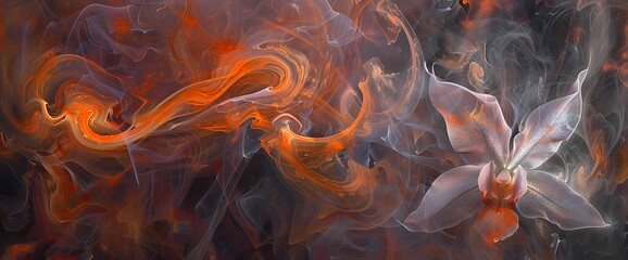 Orchid smoke swirling in harmony with a canvas of deep aubergine and copper orange.