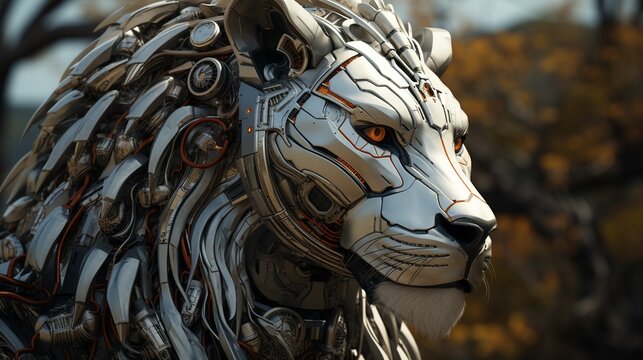 Robotic lion king ruling over a futuristic savanna