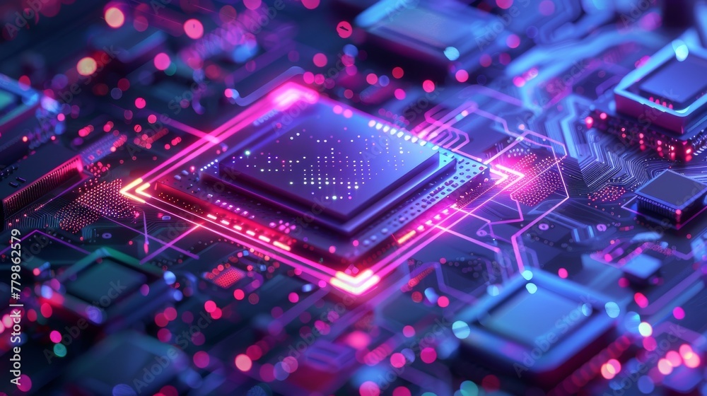 Poster Data processing, large database, large quantum computer. CPU isometric banner. Central computer processors CPU concept. Digital chip....