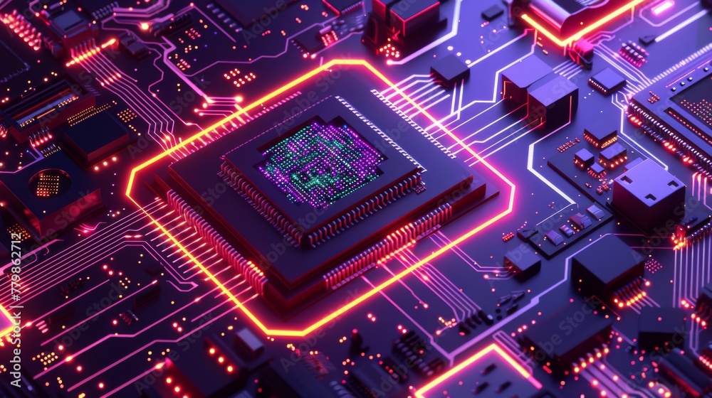 Fototapete Computer quantum, large data processing, database concept. CPU isometric banner. Central Computer Processors chip concept.