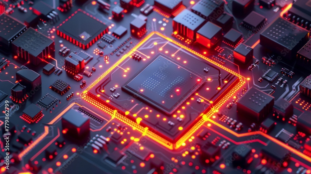 Poster Data processing, database, quantum computer concept, CPU isometric banner. Central CPU concept. Digital chip......