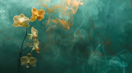 Orchid smoke dancing in harmony with a background of goldenrod and emerald green.