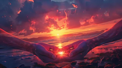 Fotobehang sunset in heart hands © Alon