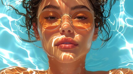 During a summer vacation, a young girl swims in the pool, sunbathes, and drinks juice - obrazy, fototapety, plakaty