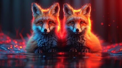 Fototapeta premium Two red foxes seated side by side atop a water body Red-blue backdrop behind