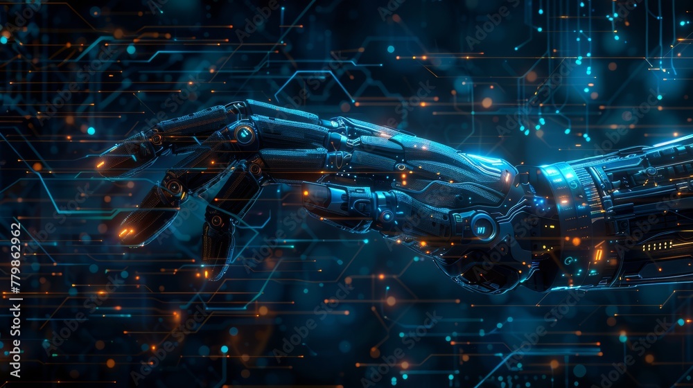 Poster An AI-generated robot hand mockup on a technology background is shown in modern form.