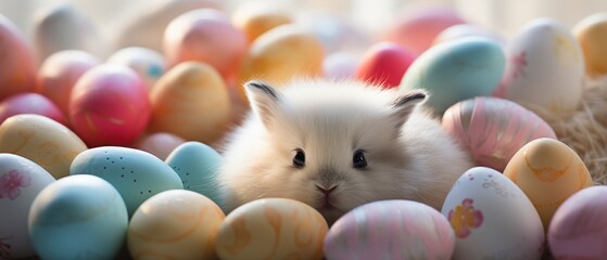 Fluffy rabbit, cuddling with a collection of pastelcolored eggs, serene