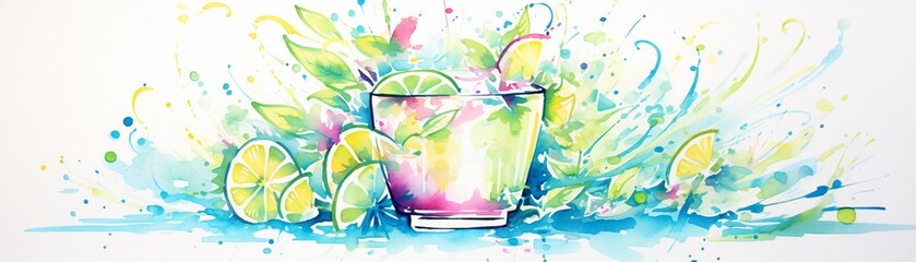 Glass of lime juice, deliciously tart, refreshing, with condensation drops water color