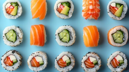 On a blue background, a sushi and roll pattern can be seen