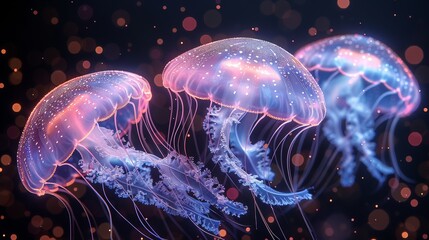   A collection of jellyfish hovering together against a backdrop of blue and pink, speckled with minor points of light