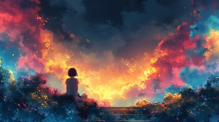 The girl on the stairs draws a rainbow in the sky showing her emotions of joy and happiness in a bright, tender, tender illustration - obrazy, fototapety, plakaty