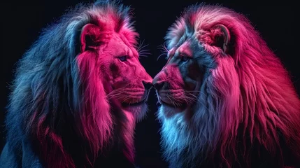 Tuinposter   Two lions pose side by side against a black backdrop Red, blue, and pink lights illuminate the scene © Nadia