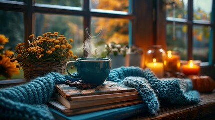 Obraz na płótnie Canvas A cozy reading corner with a steaming coffee mug on a stack of books.
