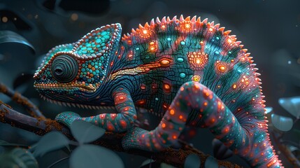 A cybernetic chameleon changing colors to match digital environments - obrazy, fototapety, plakaty