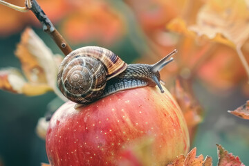Macro of a snail with a brown shell crawling over a red apple.