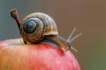 Macro of a snail with a brown shell crawling over a red apple.